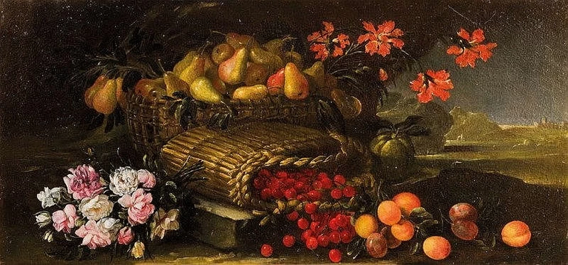 Candido - Ciliegie in un cesto di vimini rovesciato